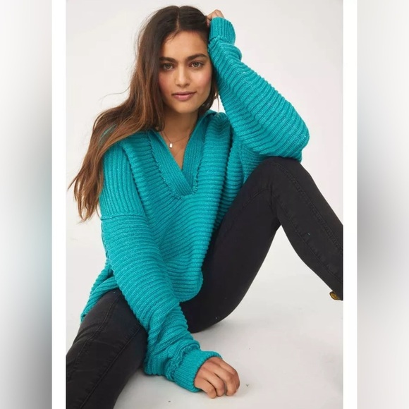 Free People Marlie Knit Collared Pullover in Teal - Picture 7 of 7